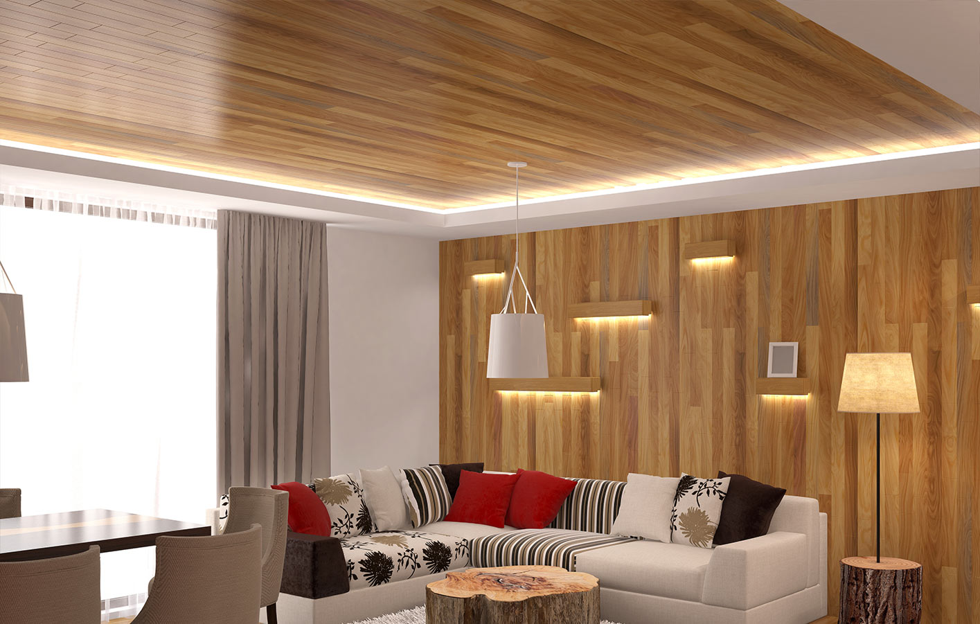 Echtholzpaneele an Wand und Decke in einem Wohnzimmer mit heller Einrichtung