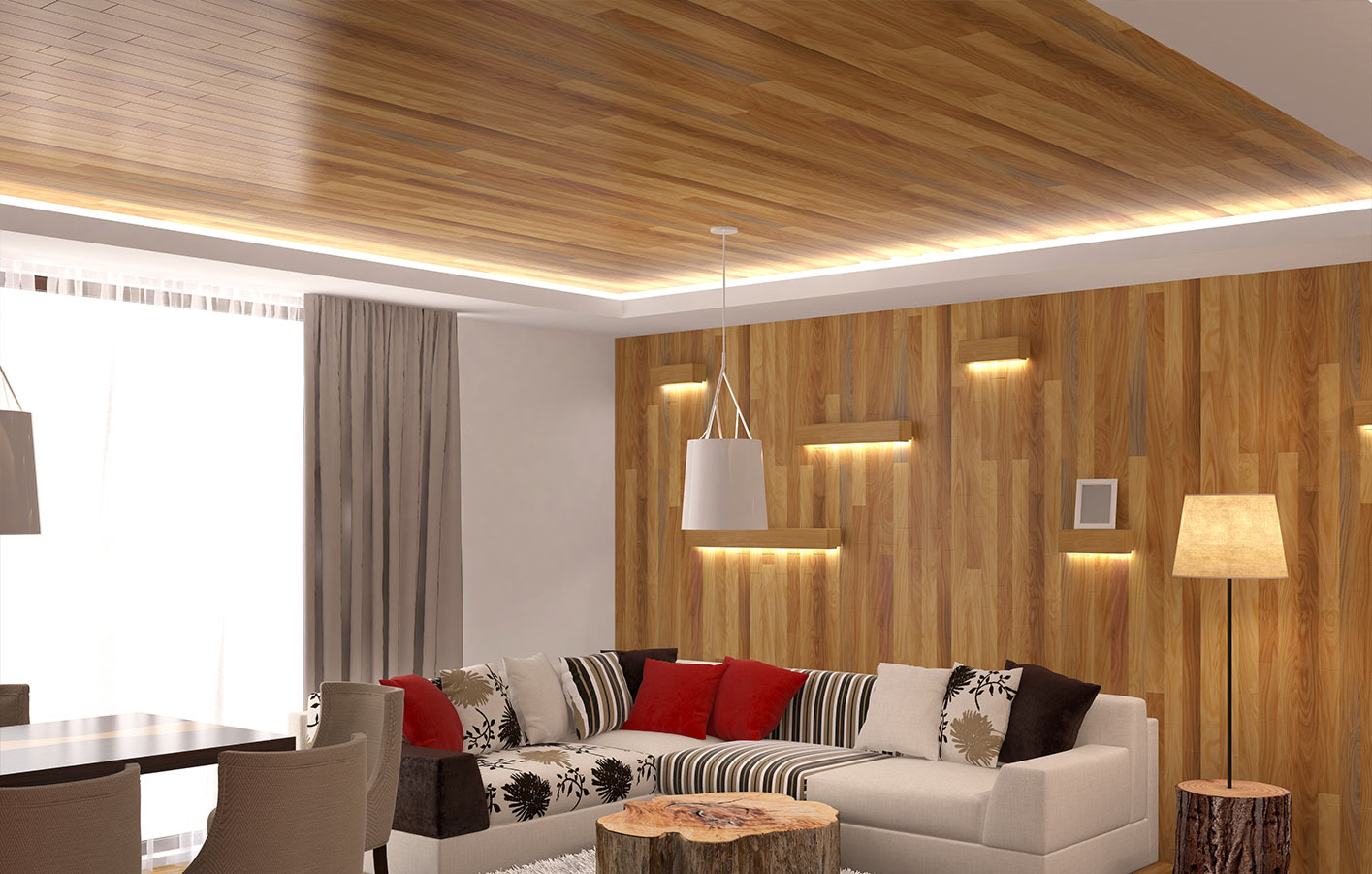 Paneele für Wand und Decke vom Fachmann Embacher Holz in Staig Echtholzpaneele an Wand und Decke in einem Wohnzimmer mit heller Einrichtung